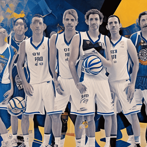 AI generated: Equipo de basquebol, futurista encestando, en colores azules, blancos y grises 