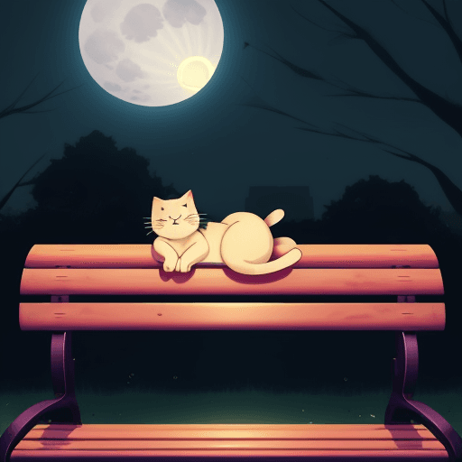 AI generated: an animated cute cartoon cat sleeping in full moon light in a park on a bench