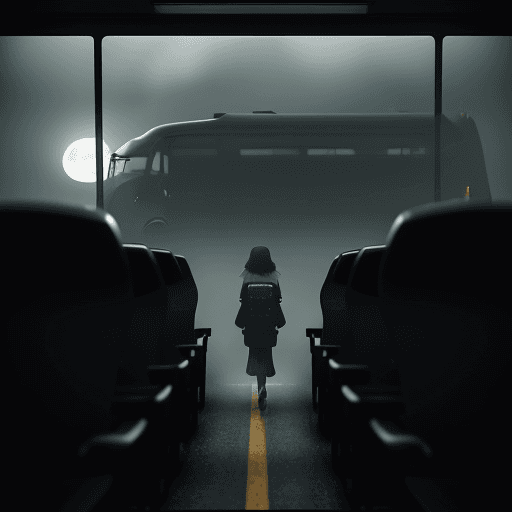 AI generated: passenger walking into the glossy black school bus at a distance, foggy, moonlight<lora:xl_more_art-...