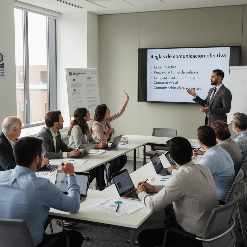 AI generated: Escena profesional y realista de una capacitación presencial sobre reglas de comunicación efectiva. ...