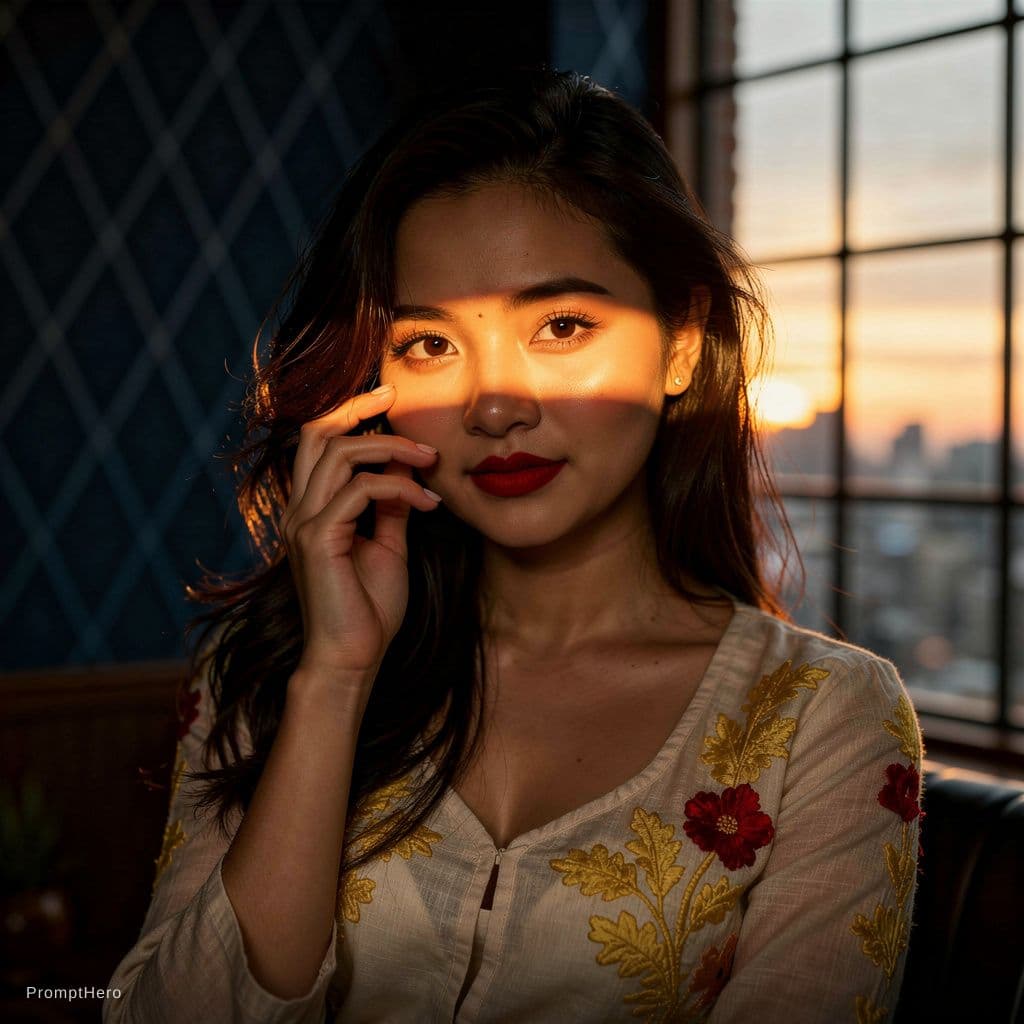 AI generated: A cinematic photorealistic boudoir portrait of a beautiful Asian woman kneeling on a bed. She is wea...