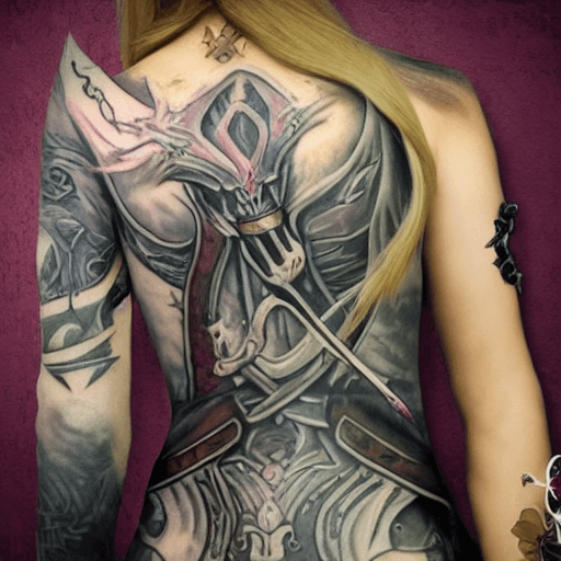 AI generated: Sylvanas kniend vor einer Wand mit Tattoos und Kaputzenpulli
