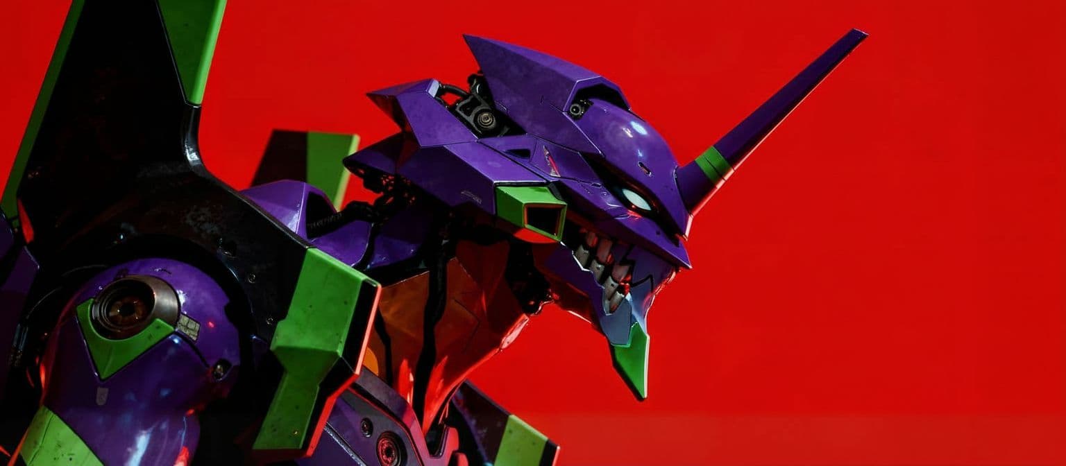 AI generated: An imposing, close-up shot of a towering Evangelion Unit-01 head, rendered in vibrant, hard-surface ...
