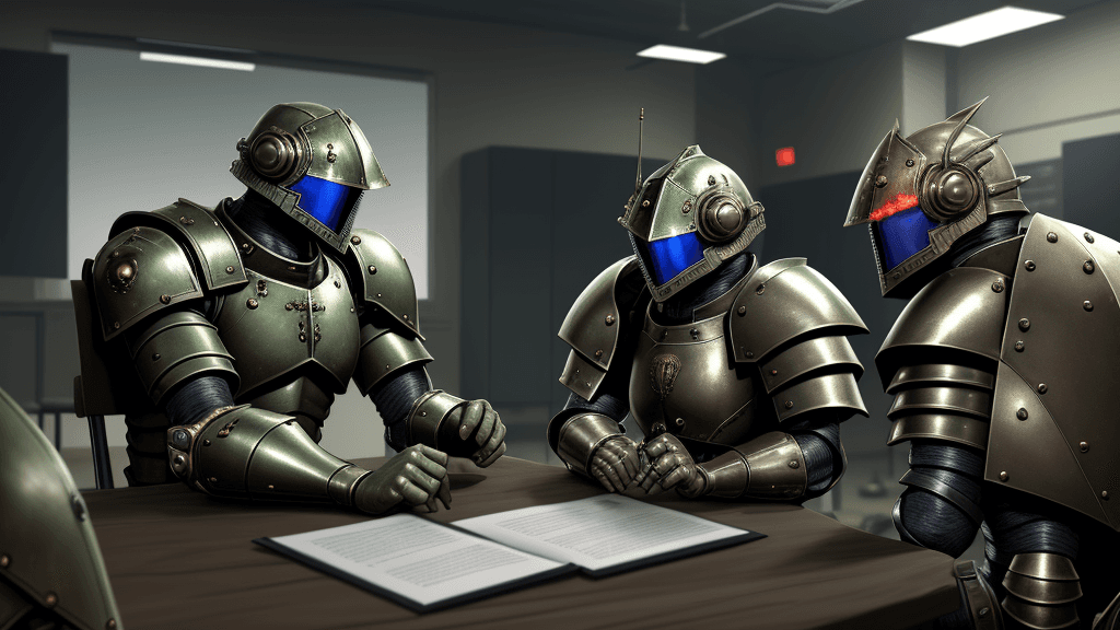 AI generated: Armoured warriors discussing in a secret lab, human eyes
