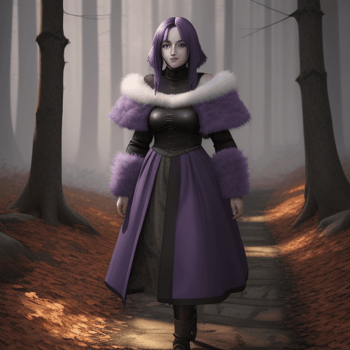 AI generated: Medieval girl with shoulder-length purple hair cold fur clothes black eyes and walking in the autumn...
