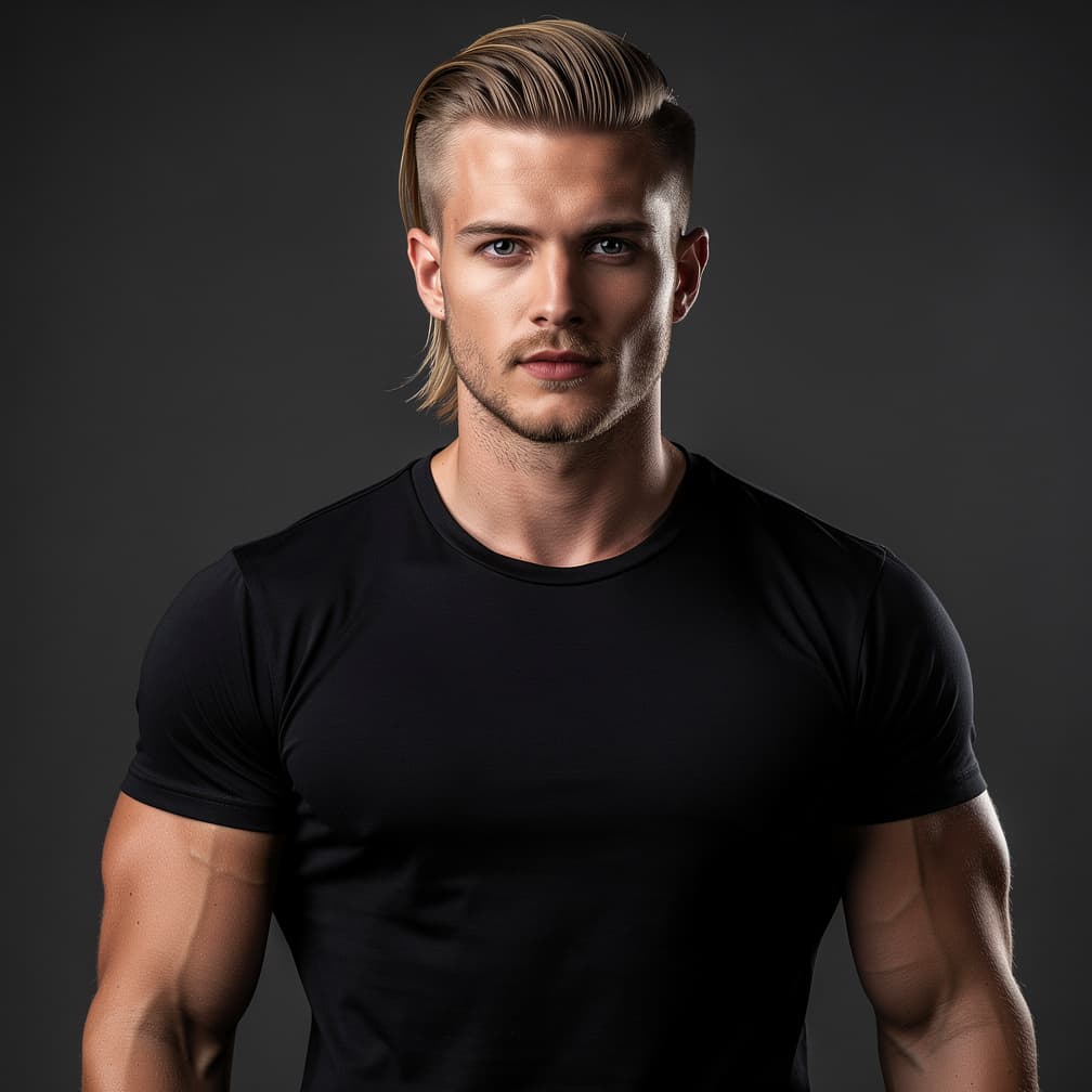 AI generated: male muscular male with middle part brush back haircut, blonde hair