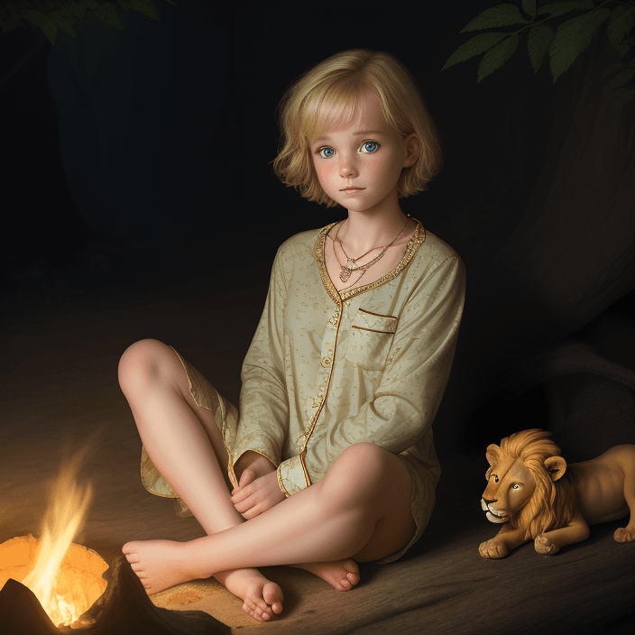 AI generated: Sarah Miller, super cute 12 years old girl, short hairs, blonde hairs, necklace, wearing pajamas, lo...