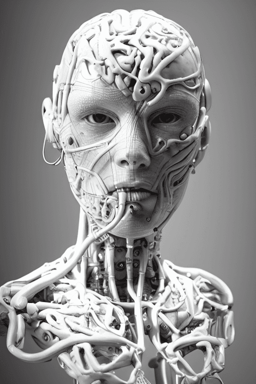 AI generated: cyborg woman| with a visible detailed brain| muscles cable wires| biopunk| cybernetic| cyberpunk| wh...