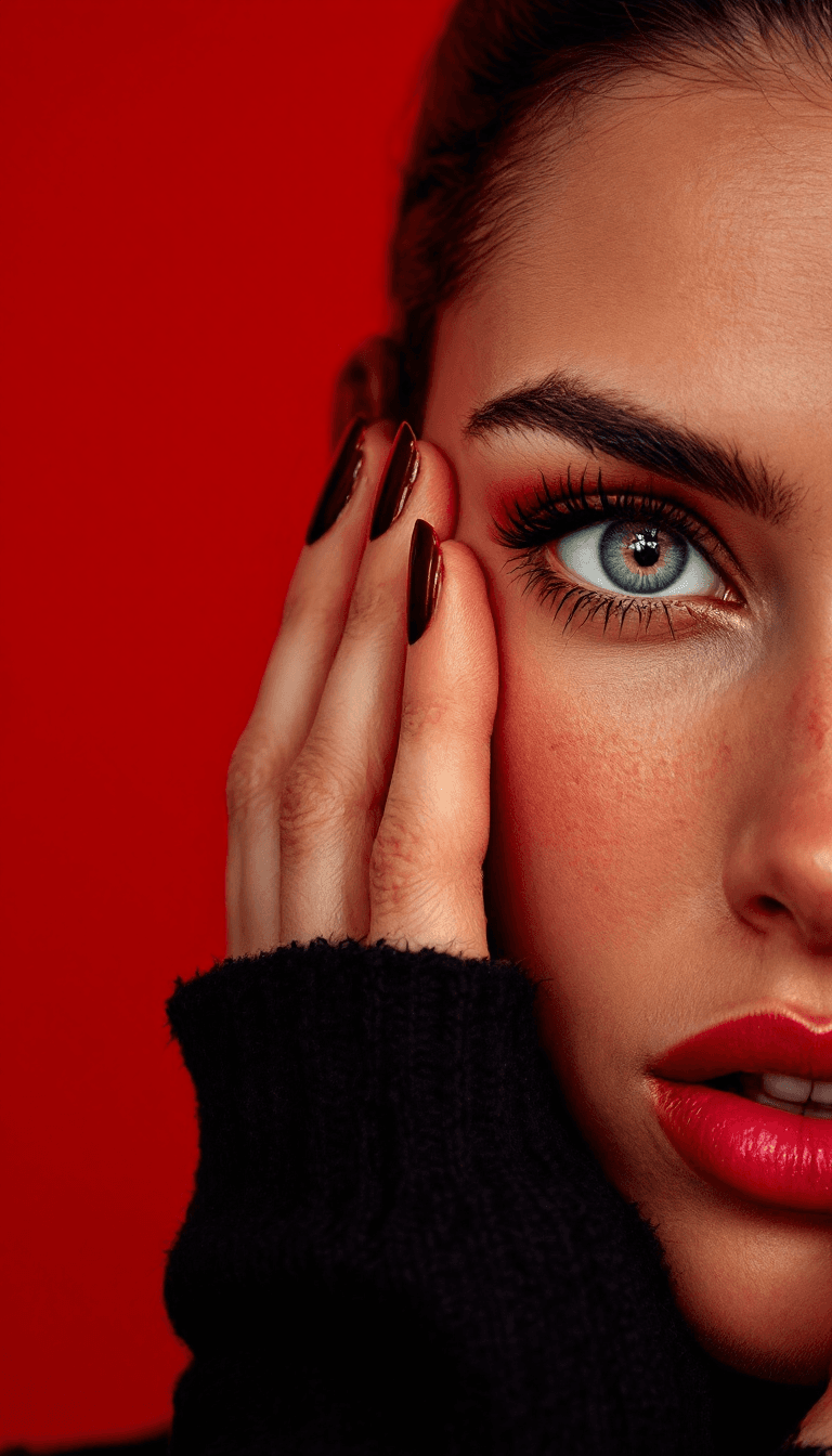 AI generated: image of a woman with a thoughtful expression, covering half of her face with her hand, pure red bac...