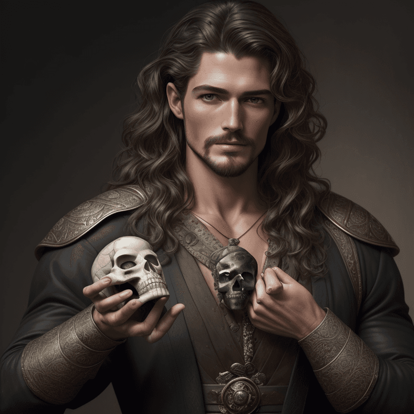 AI generated: To be or not to be, handsome mature male holding an anatomically correct human skull in the palm of ...