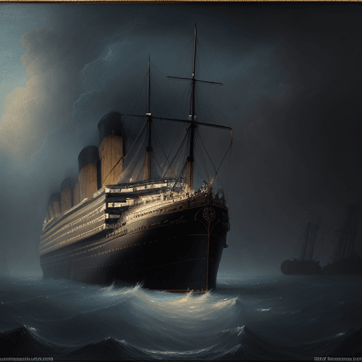 AI generated: The giant ship Titanic tilted to the left, almost sinking, oil painting technique, Fine Art, most li...