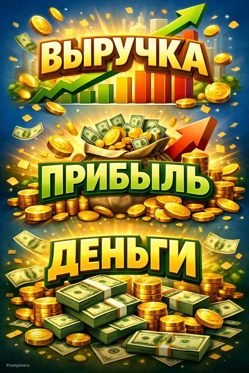 ChatGPT Image prompt: Выручка , прибыль , деньги 