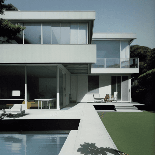 AI generated: Hyper realistic eye level exterior photo of a mid century modern style house overlooking the ocean, ...