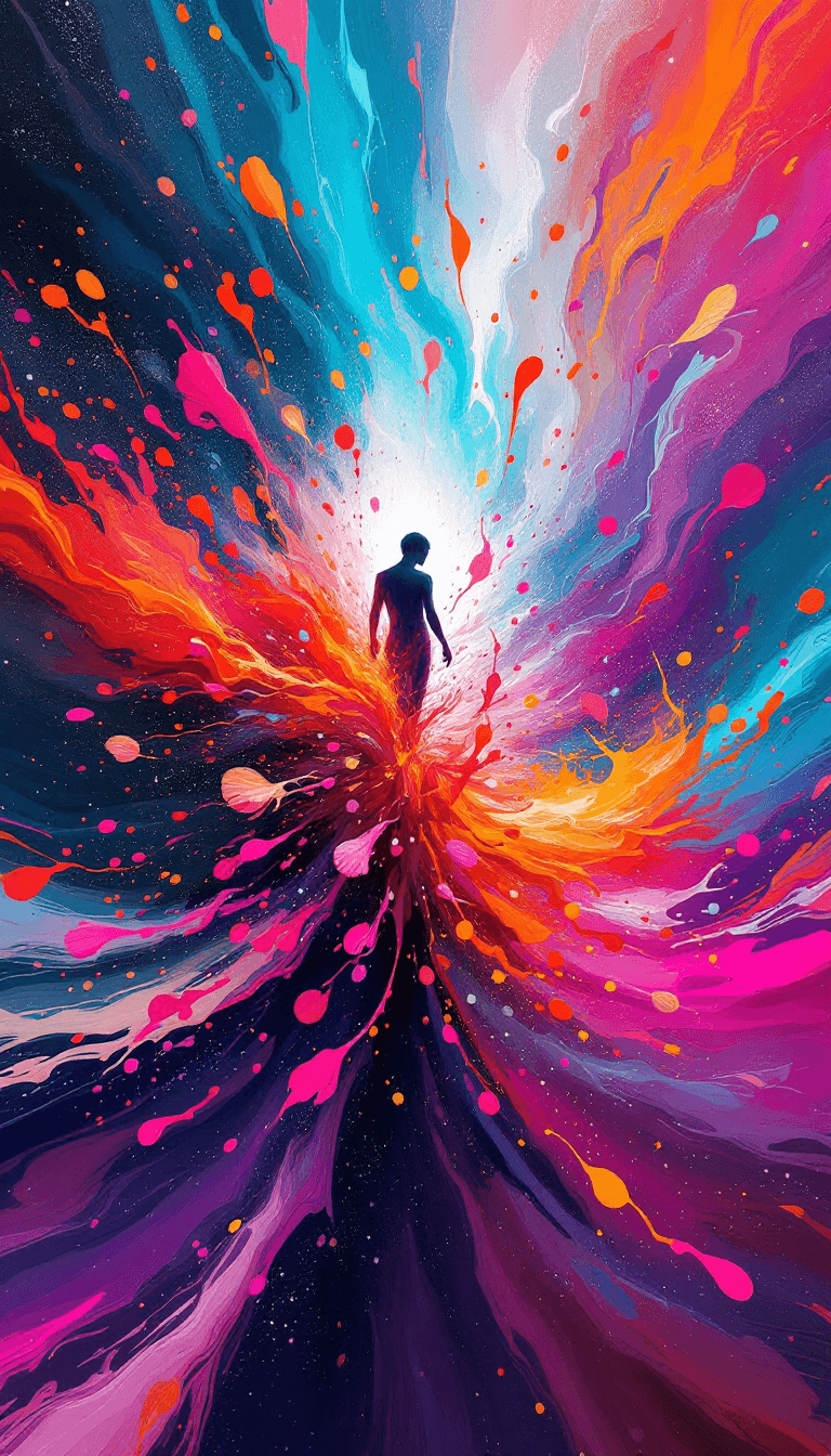 AI generated: abstract artwork, figure seemingly dissolving into a vast explosion of color, splashes of fiery reds...