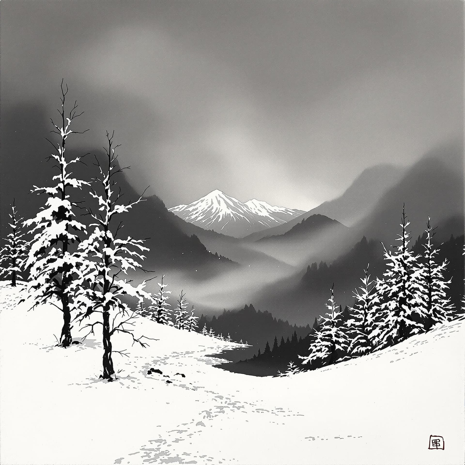 AI generated: black & white suiboku-ga, the Japanese ink wash painting, depicting a serene snow landscape. This ar...