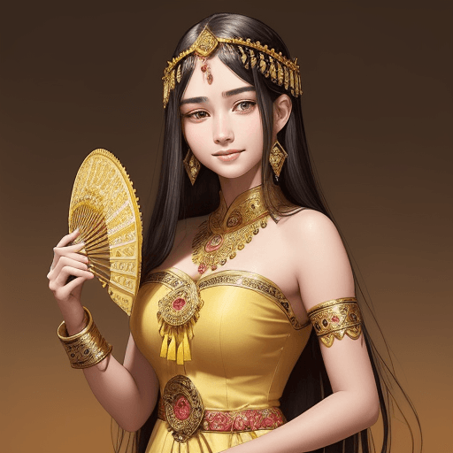 AI generated: A young woman with long dark hair and a fair complexion is depicted, adorned in traditional Southeas...