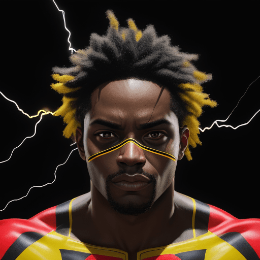 AI generated: portrait of black super-hero dressed in the colors of the vibrant flag of st.kitts and nevis yellow,...
