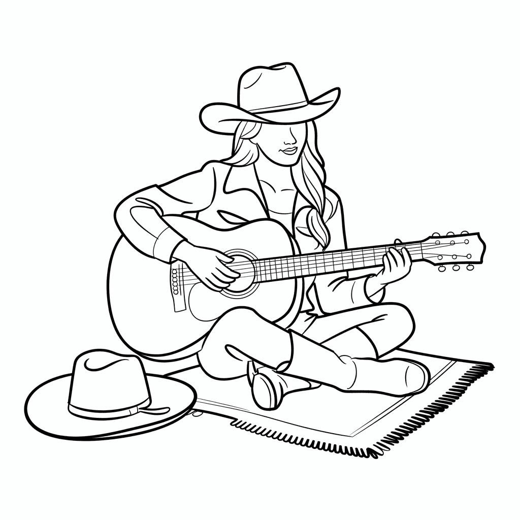 AI generated: "Cowgirl playing guitar while sitting cross-legged on a blanket, boots on, cowboy hat resting beside...