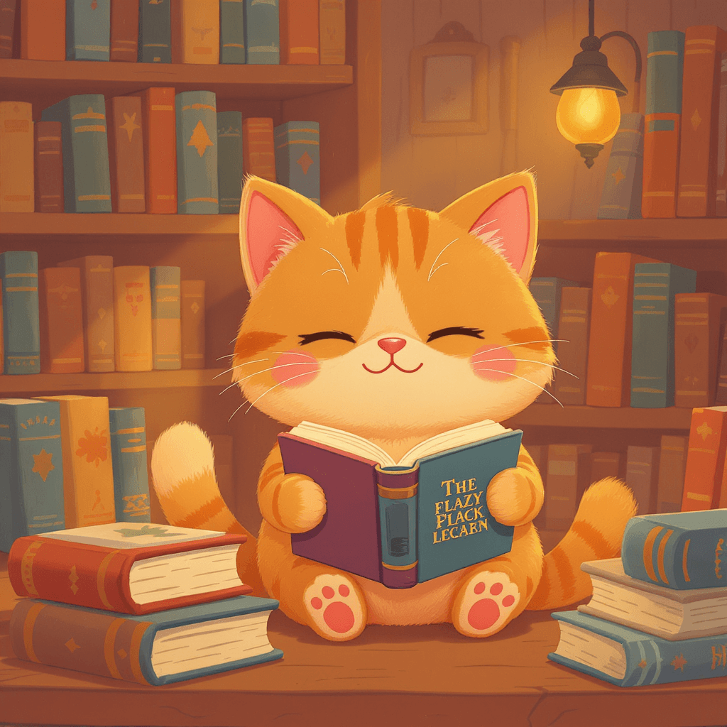 AI generated: A cute cartoon cat reading a book in a cozy library, warm colors, digital painting