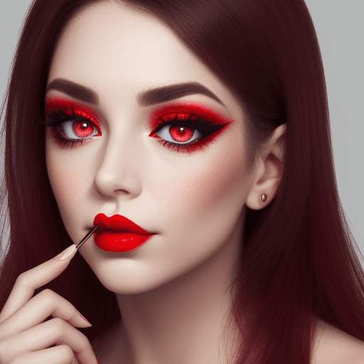 AI generated: a woman with red eye makeup, picking her nostril for setisfyed 