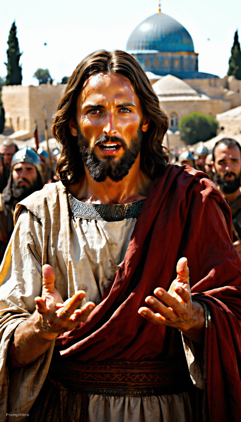 AI generated: jesus predicando en jerusalem mientras es tentado por un demonio. photorealistic, ultra-realistic, c...