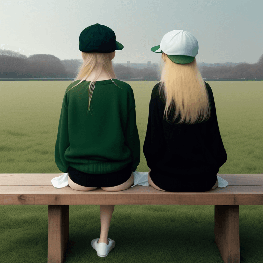 AI generated: a couple of women sitting on top of a wooden bench, showing the back of a white 6-panel cloth cap in...