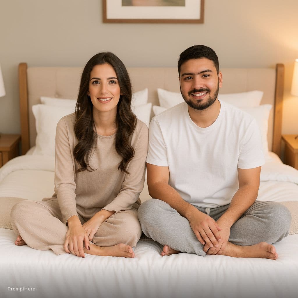 AI generated: Sitting on a bed, a girl without a shirt, men without shirts 