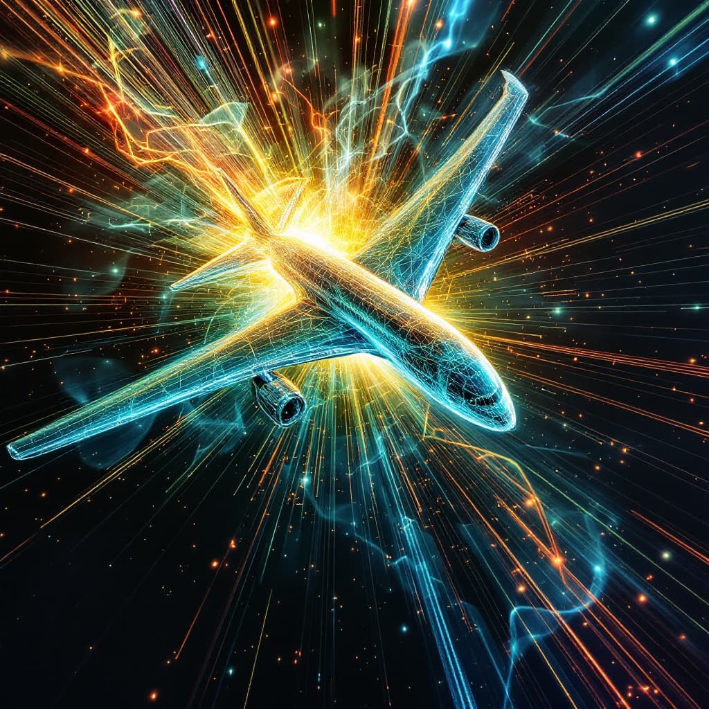 AI generated: Radiating pulsar energy threads weaving an abstract form of an Airbus A380, charged with high-voltag...