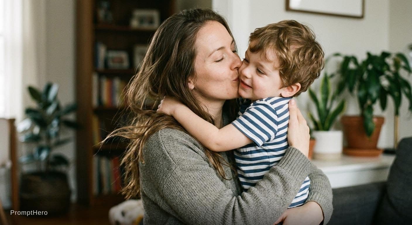 AI generated: A  woman with long brun hair holds a little boy in her arms and gives him a long kiss