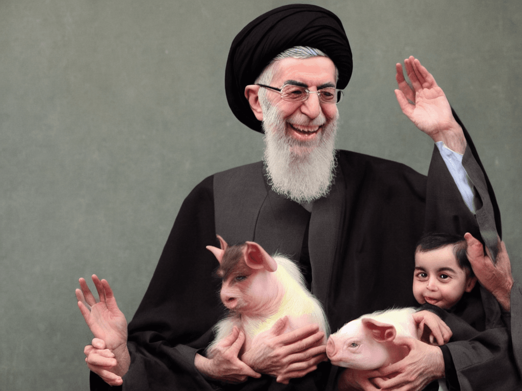 AI generated: portrait of ali khamenei holding a baby pig and laughing 