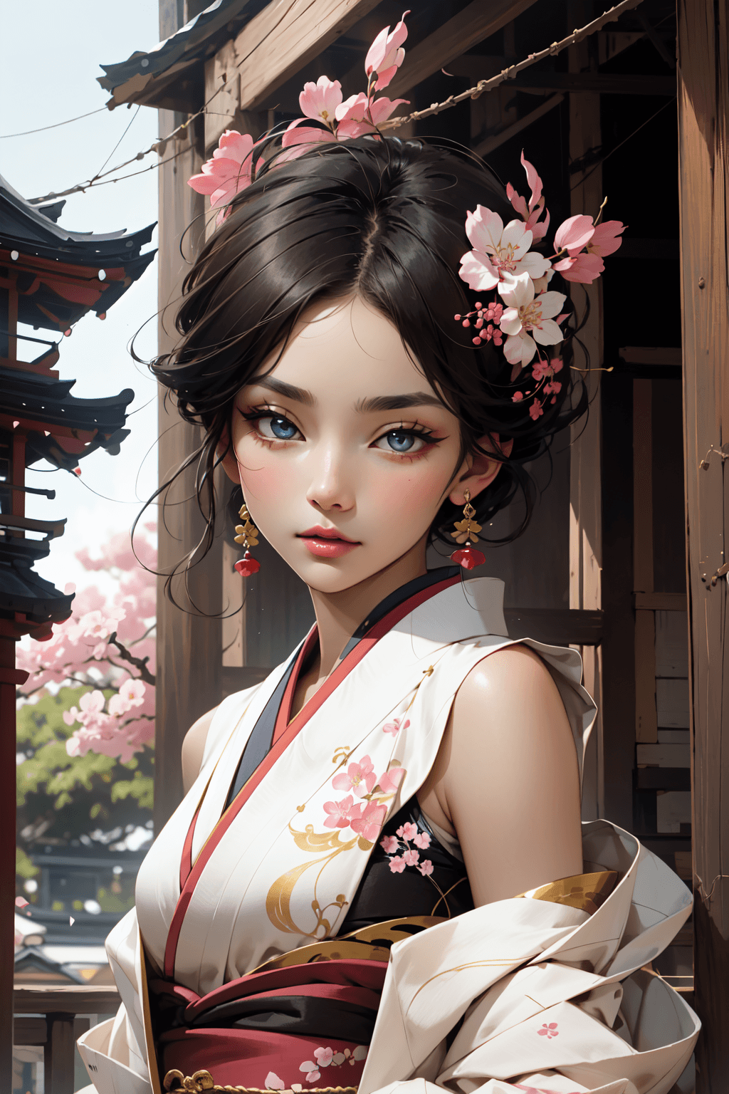 AI generated: Beautiful Japanese woman, porcelain skin, flawless and radiant, ethereal beauty, monolid eyes dark a...