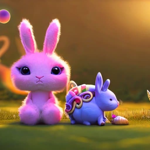 AI generated: cute fuzzy bunny and rainbow unicorn characters, best friends hanging out in a fantasy field, golden...