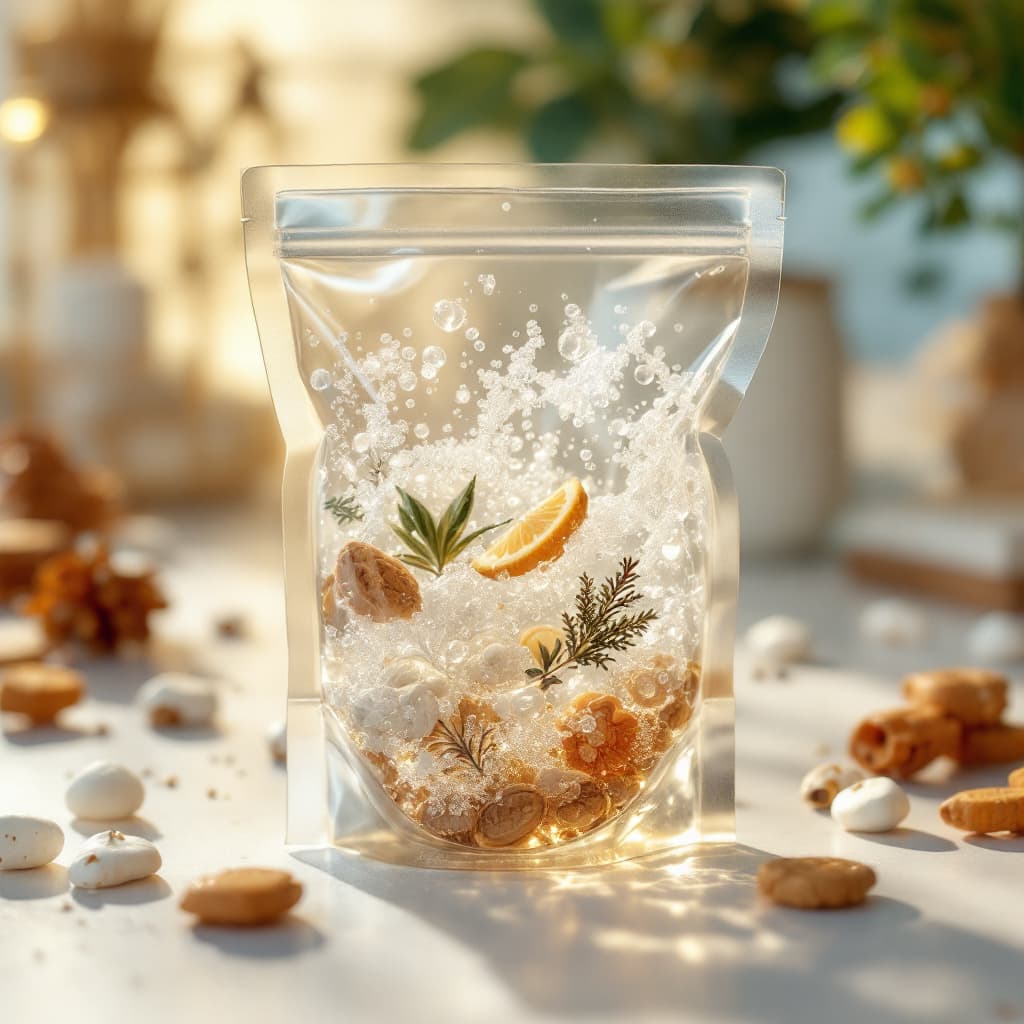 AI generated: a transparent [packaging type] filled with [base texture], inside are visible [natural elements] suc...