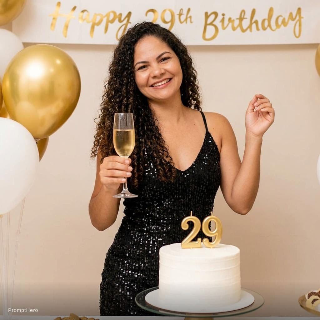 AI generated: Birthday photo of a woman celebrating her 29th birthday, smiling, elegant outfit, clean background, ...
