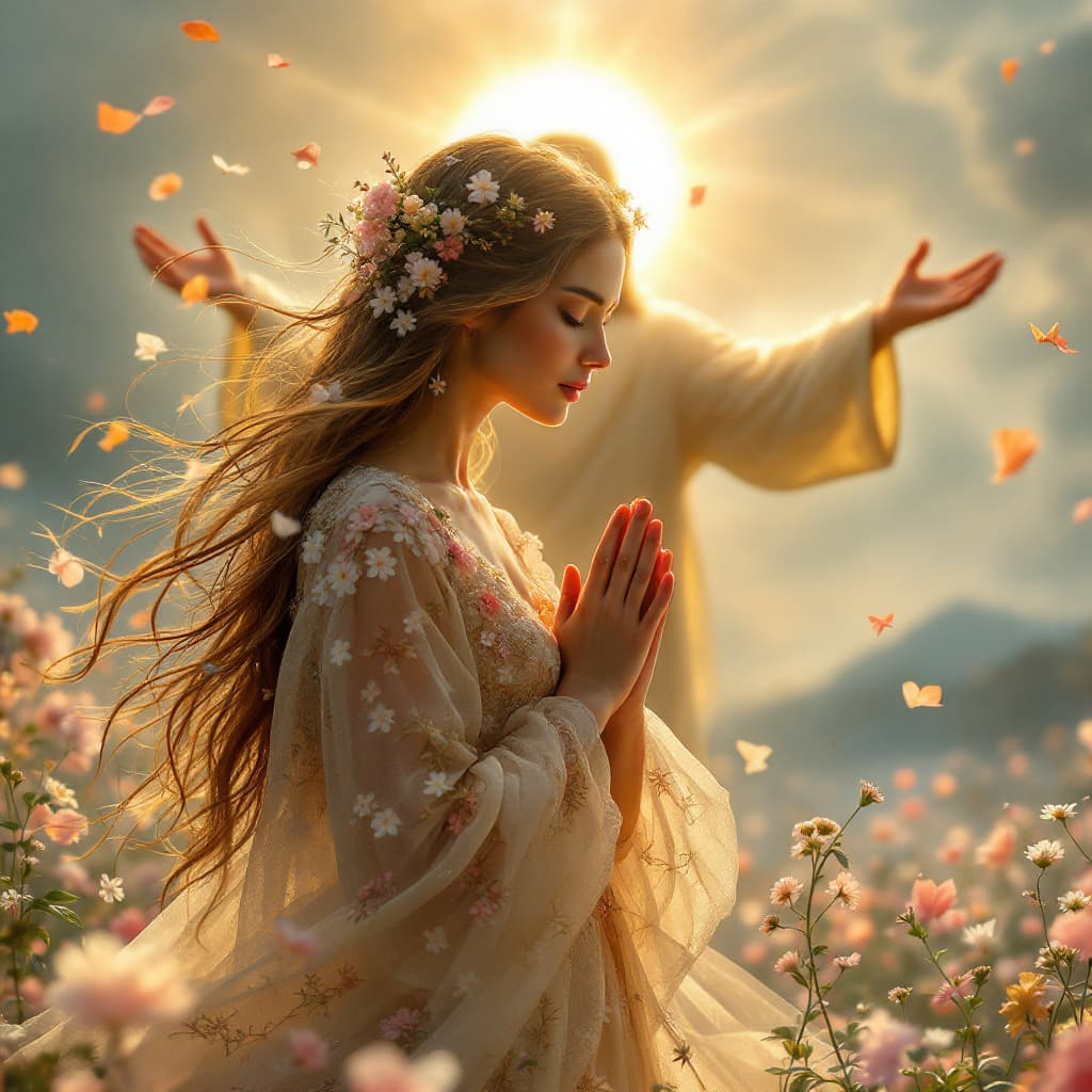 AI generated: "A breathtaking image of a woman dressed in an elaborate gown made of delicate blossoms, folding her...