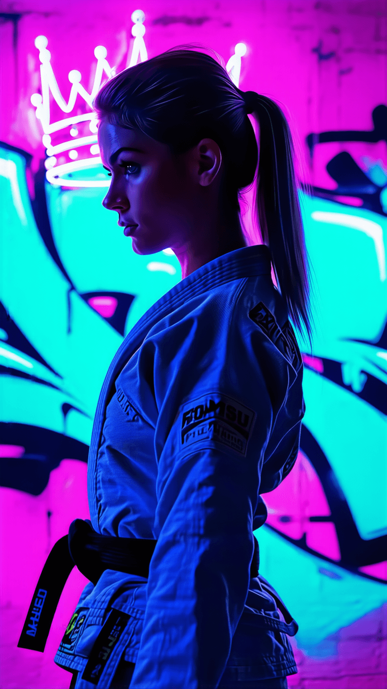 AI generated: A female jiu-jitsu athlete captured in a dynamic back pose, surrounded by graffiti-style motion trai...