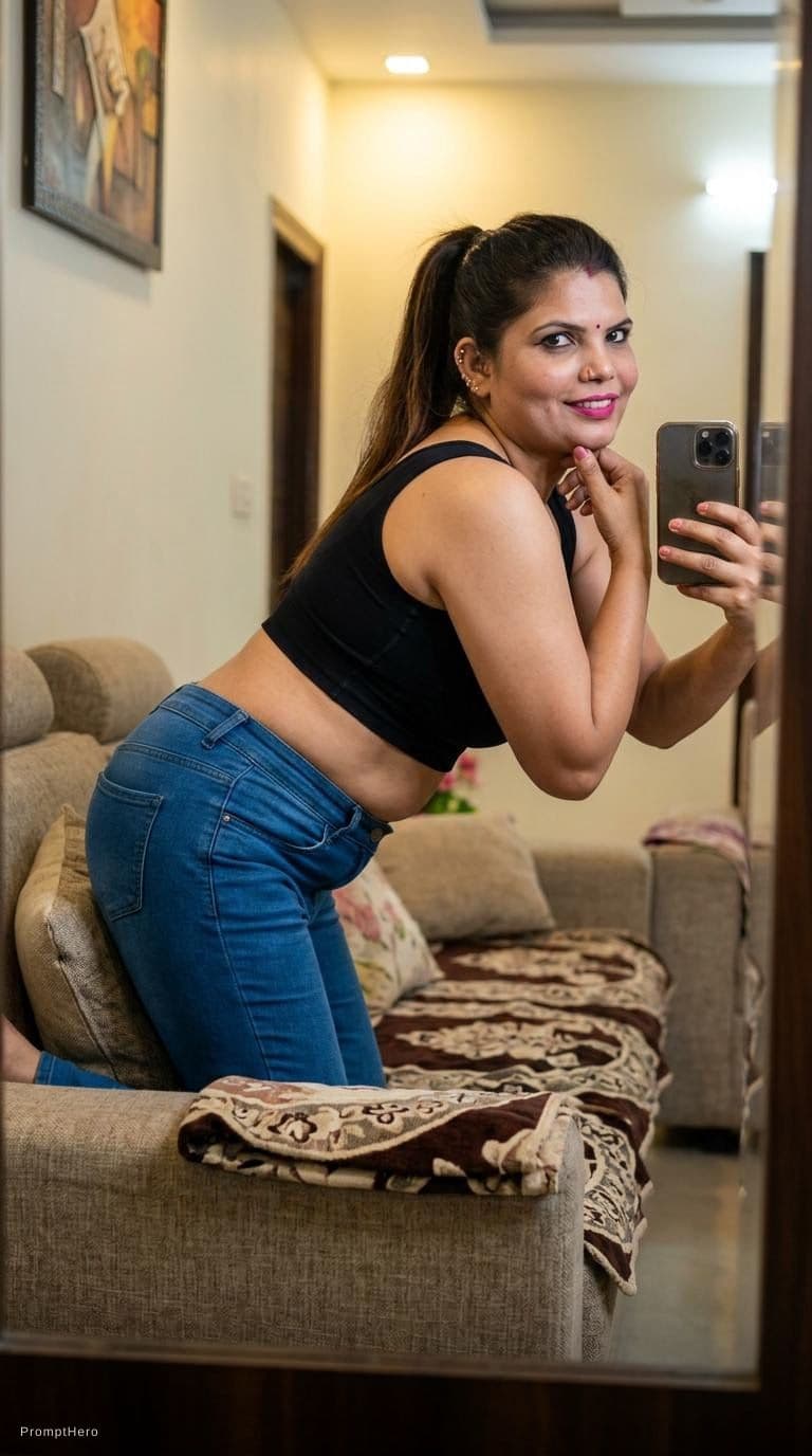 AI generated: Make her wear a compression cropped black top and fit jeans, ponytail hairstyle, sitting on a couch ...