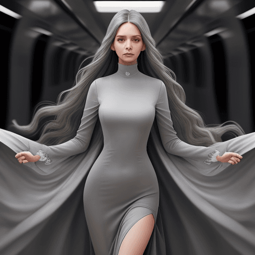AI generated: The image is a full-length portrait of a woman in a flowing grey dress. The dress features a high ne...