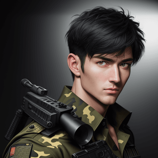 AI generated: (hyperrealism : 1. 4), BREAK portrait shot of handsome (male), full-length (camouflage uniform 1. 2)...