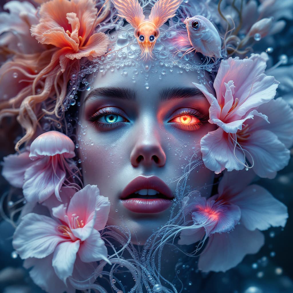 AI generated: Lana Del Rey close-up portrait ribcagel. jellyfish phoenix head, nautilus, orchid, skull, betta fish...