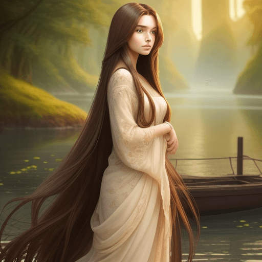 AI generated: gorgeous woman, extremely long brown hair, serene beautiful background