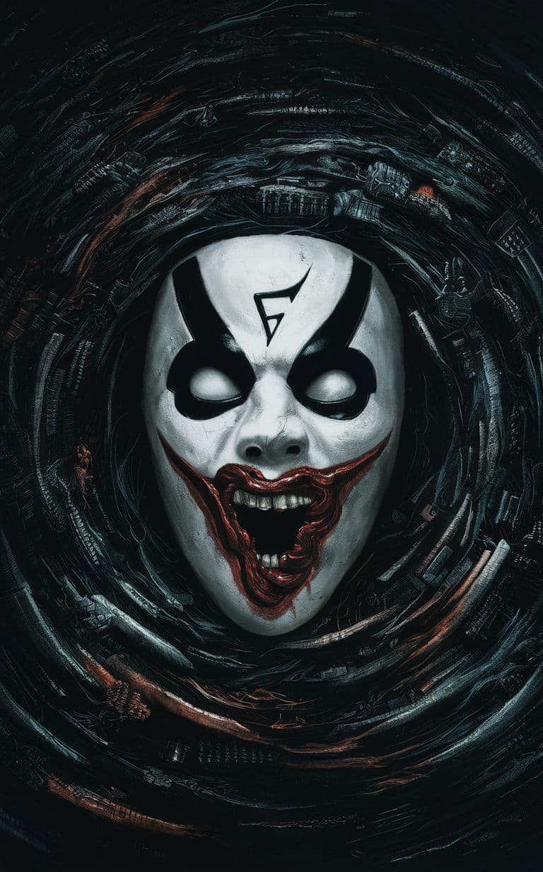 AI generated: A striking and eerie poster for the film "F for Fear," featuring the iconic V for Vendetta mask, wit...