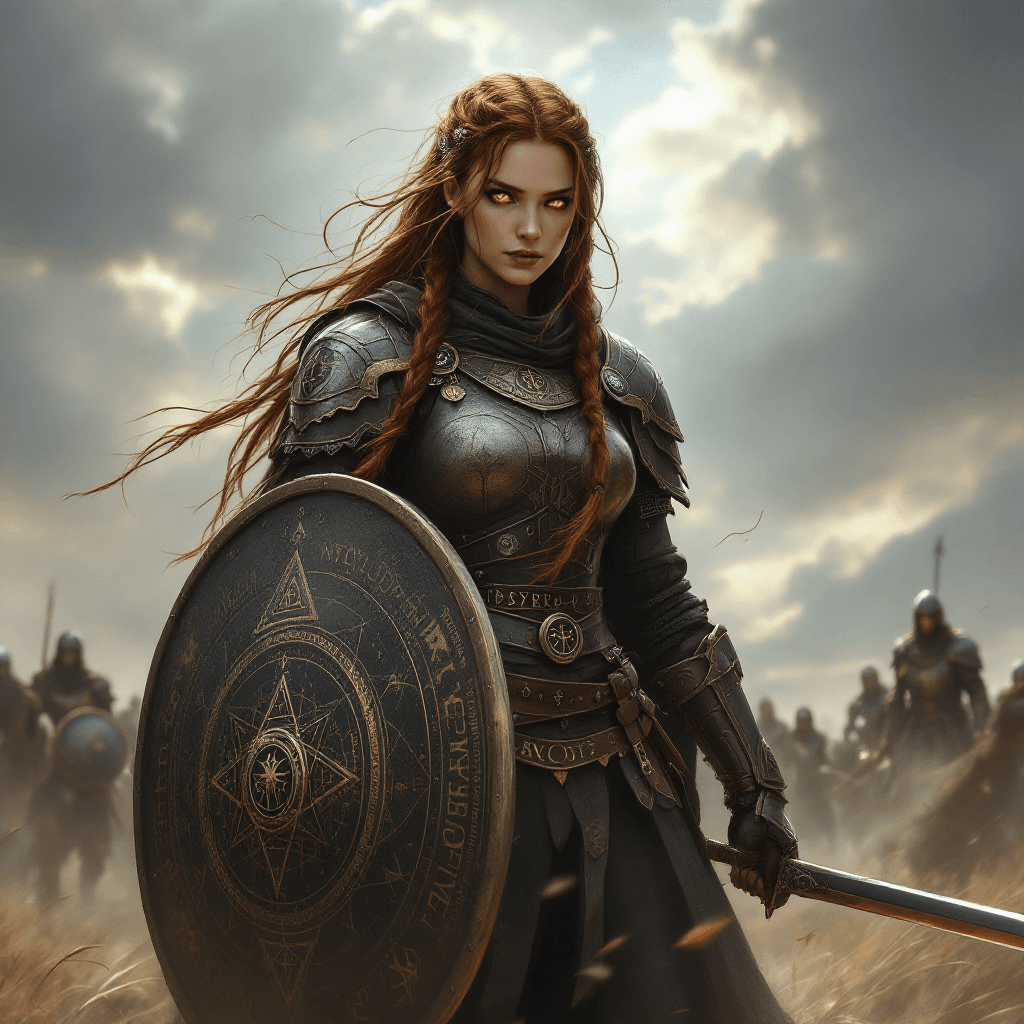 AI generated: 13. The Gnostic Shield Maiden: A formidable and wise warrior with long, braided dark auburn hair, of...