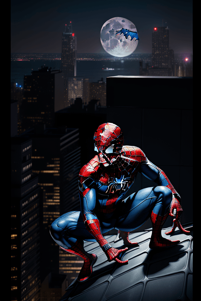 AI generated: Hyper realistic, exterior photo, spiderman and captain America mash up, superhero, crouching on a ro...