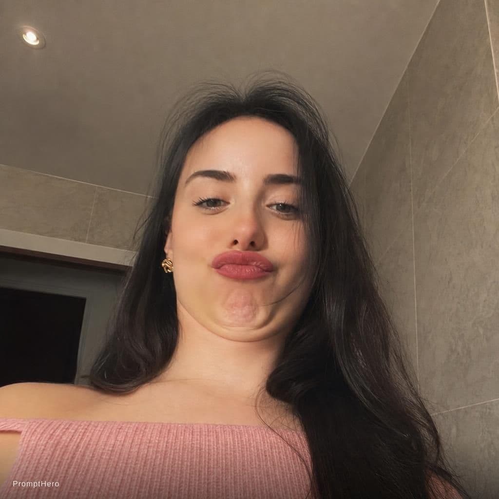 AI generated: frontal selfie taking a lower angle selfie goofy style for boyfriend in bathroom, manitain same face...