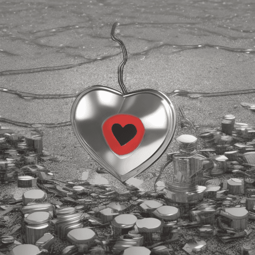 AI generated: A robot with a coin or token in place of a heart inside its metallic chest, standing in front of a b...