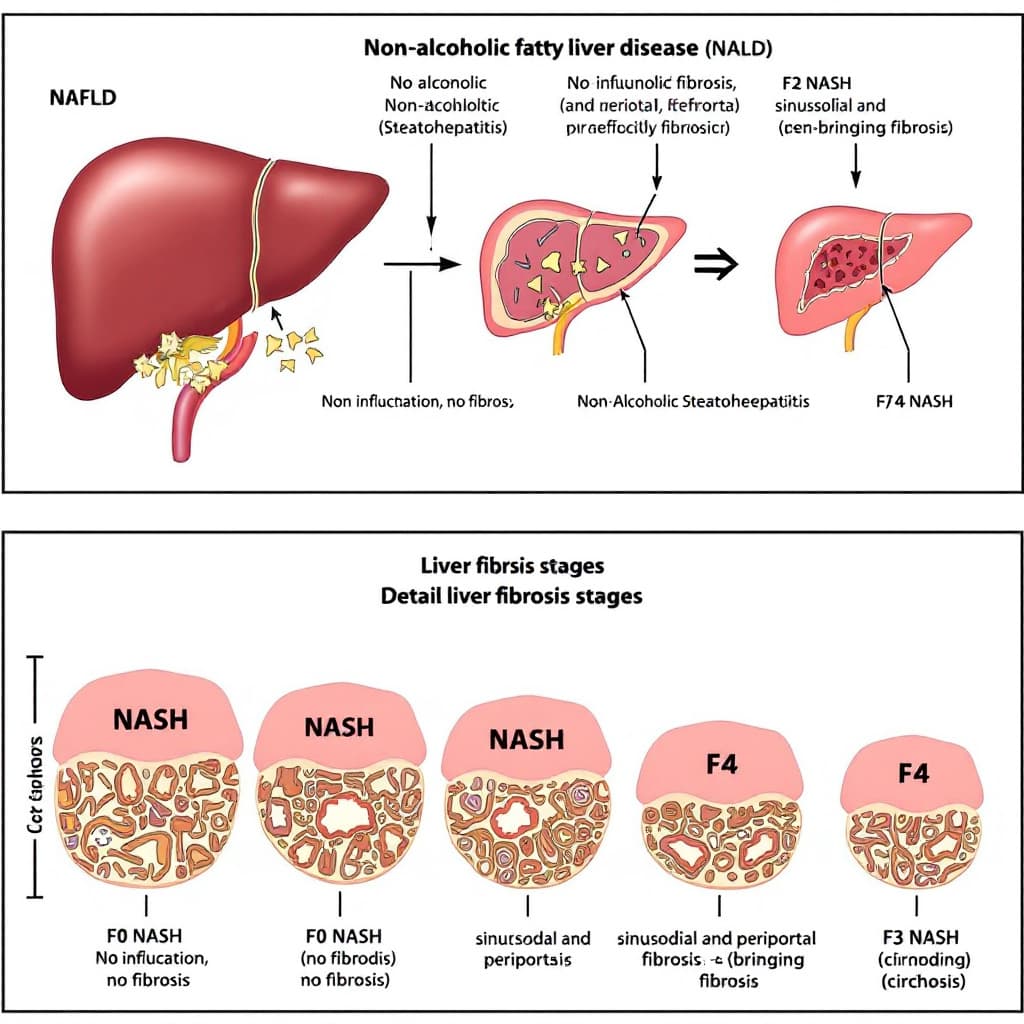 AI generated: Medical diagram divided into two sections:

Top Half: Illustrate the progression from Non-Alcoholic ...
