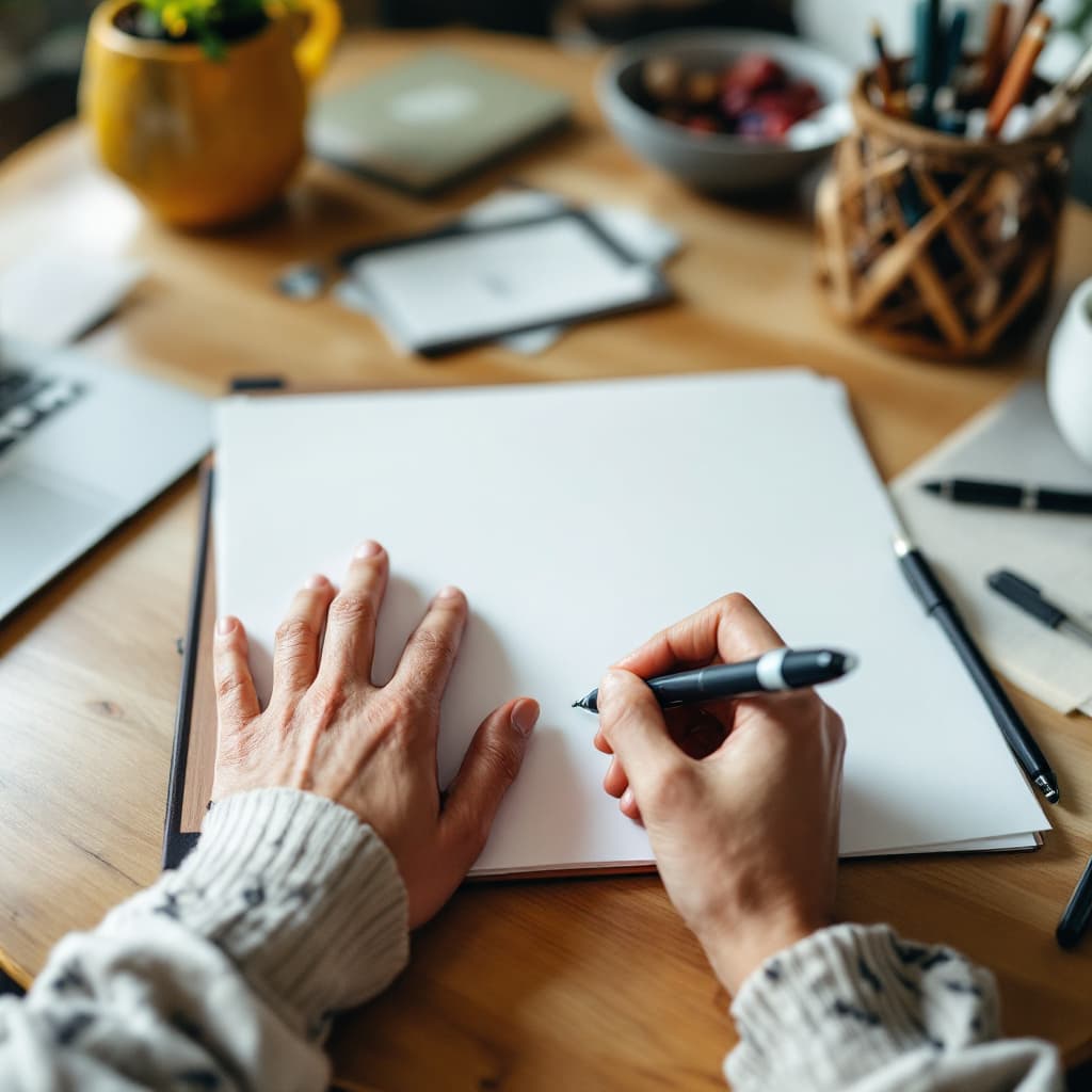AI generated: First-person POV of a Table, The Camera Shows your Hands picking on a Paper with and Pen Writing Som...