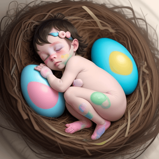 AI generated: extremely colorfully painted human baby in fetal position in egg shape hidden in easter nest