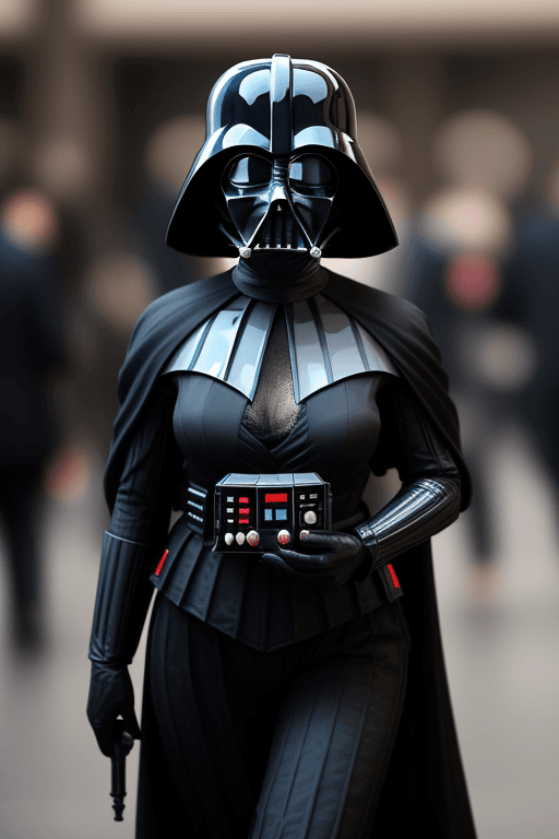 AI generated: woman dressed as darth vader,